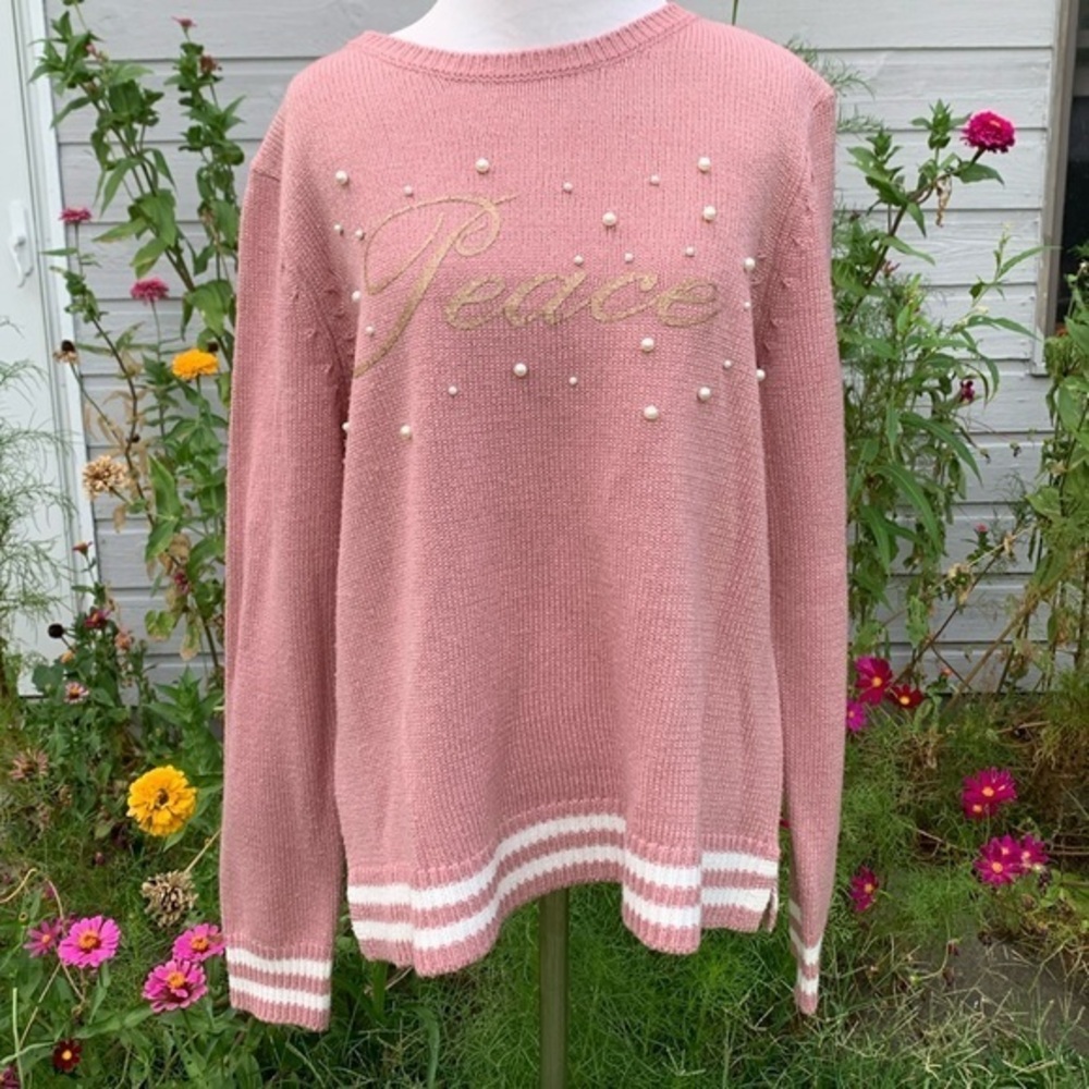 Holiday Time Rose Pink “Peace” Holiday Pullover Sweater XL